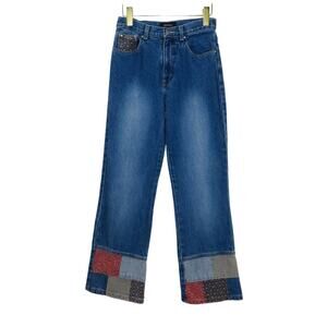 Y2K Xhiliration Vintage Low Rise Flared Jeans with Quilt Patchwork Hem Waist 26"